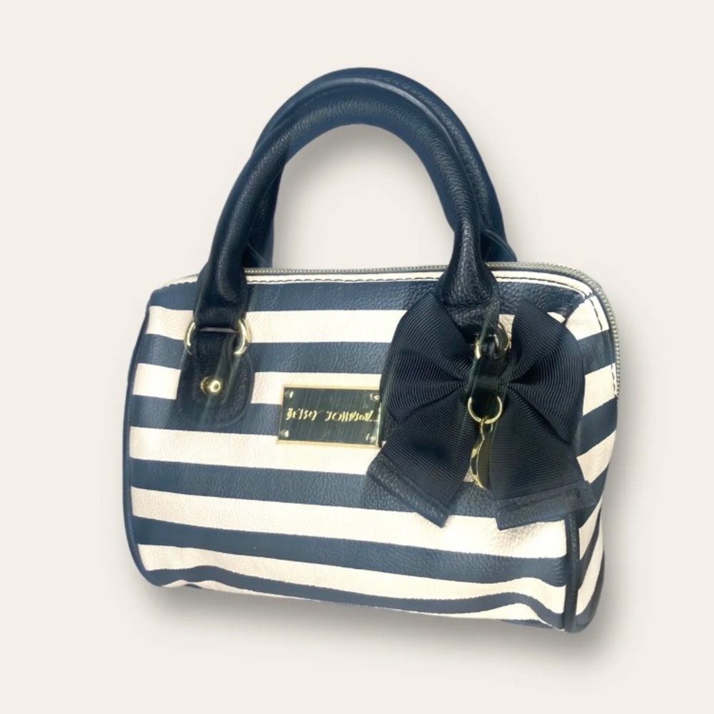 Betsey Johnson Black and White Striped Satchel Purse w/ Black Bow gold hardware